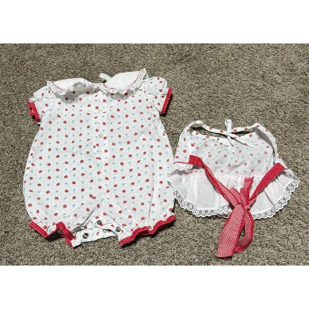 Vintage Baby Girls 9-12M Strawberry Romper Apron Set Cottagecore